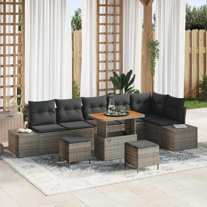 vidaXL Tuinbank Set met kussen 9 pcs Grijs poly rattan, Tuin en Terras, Tuinsets en Loungesets, Nieuw, Verzenden