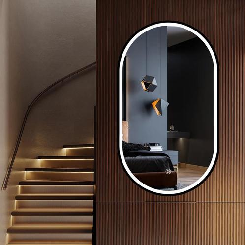 LED spiegel ovaal met zwart metalen frame - 500x900mm, Huis en Inrichting, Woonaccessoires | Spiegels, Nieuw, Ovaal, Verzenden