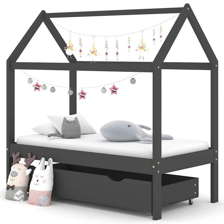 vidaXL Kinderbedframe met lade grenenhout donkergrijs 70x140, Kinderen en Baby's, Kinderkamer | Bedden, Nieuw, Verzenden
