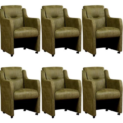Set van 6 Olijfgroene leren landelijke eetkamerfauteuils -, Huis en Inrichting, Stoelen, Overige kleuren, Vijf, Zes of meer stoelen
