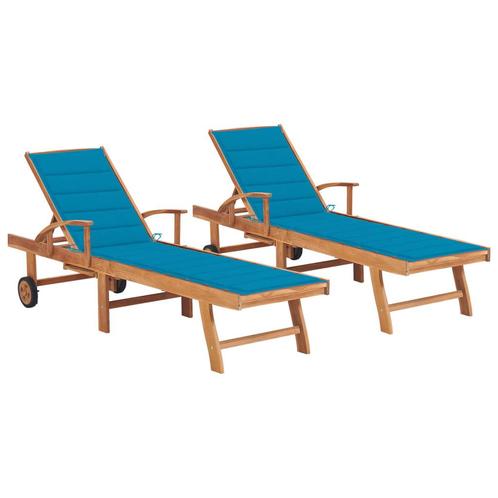 vidaXL Ligbedden 2 st met blauwe kussens massief teakhout, Tuin en Terras, Ligbedden, Nieuw, Verzenden