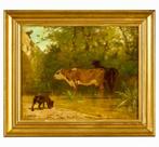 Jules Didier (1831-1914) - Vaches et chien au bord d’un, Antiek en Kunst