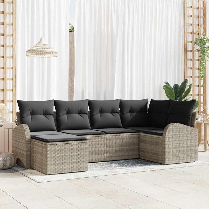 vidaXL Tuinbank Set met kussen 6 pcs Lichtgrijs Poly rattan, Tuin en Terras, Tuinsets en Loungesets, Nieuw, Verzenden