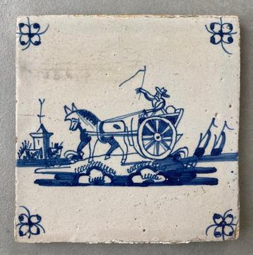 Tegel - Antieke Delfts blauwe tegel met paard en wagen,