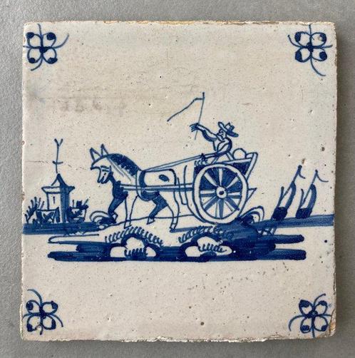 Tegel - Antieke Delfts blauwe tegel met paard en wagen,, Antiek en Kunst, Antiek | Glaswerk en Kristal