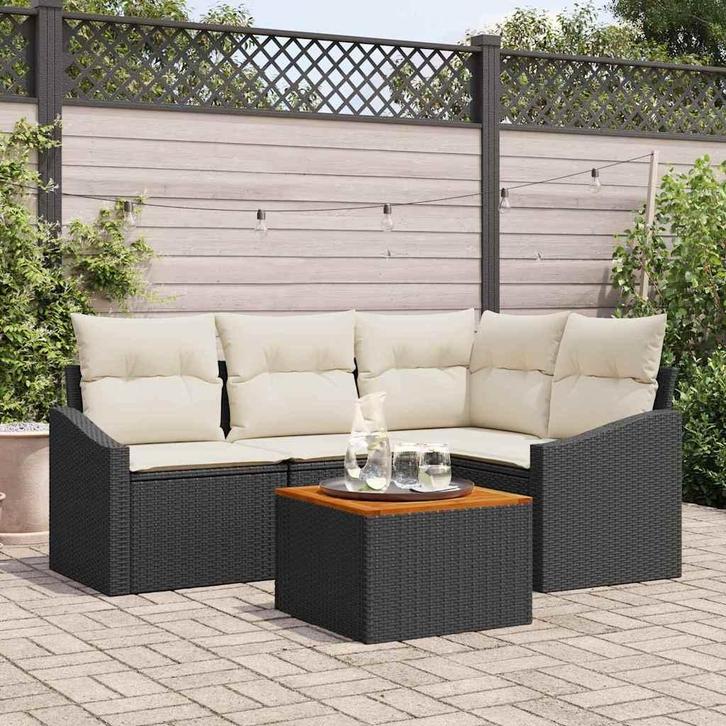 vidaXL Tuinbank Set met kussen 5 pcs Zwart Poly rattan, Tuin en Terras, Tuinsets en Loungesets, Nieuw, Verzenden