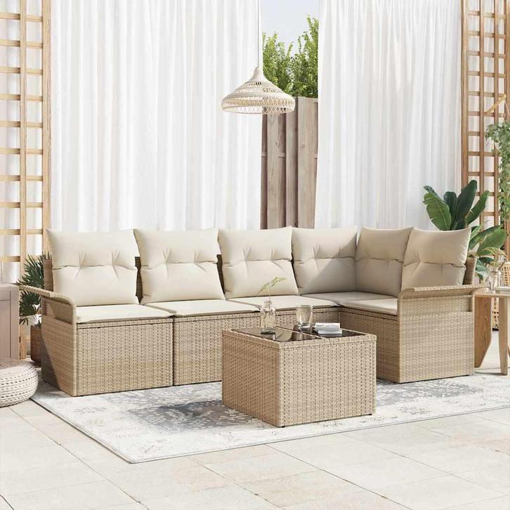 vidaXL Tuinbank Set met kussen met opslag 6 pcs Beige Poly, Tuin en Terras, Tuinsets en Loungesets, Nieuw, Verzenden