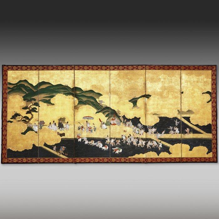 Byôbu écran pliant - Papier, Soie, Bois laqué, papier de, Antiquités & Art, Antiquités | Autres Antiquités