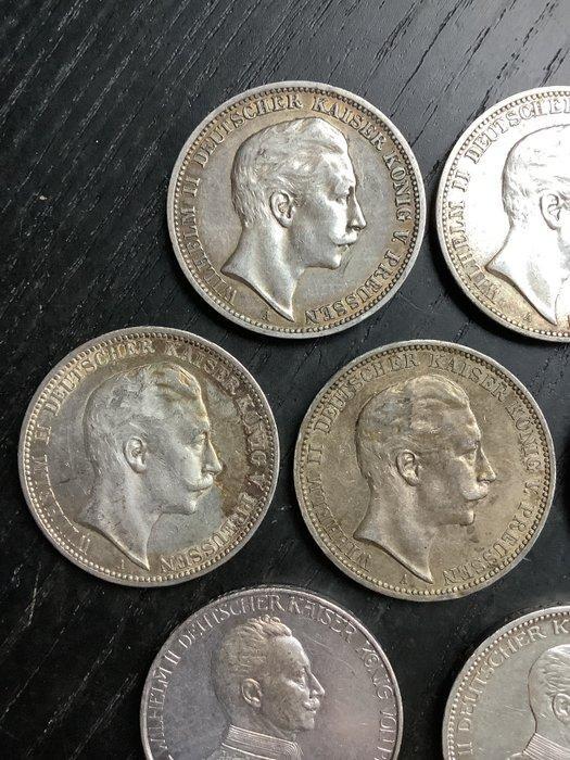 Duitsland, Pruisen Wilhelm II. 3 Mark 7x 1908/1914 (Zonder, Timbres & Monnaies, Monnaies | Europe | Monnaies non-euro