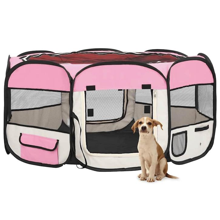 vidaXL Hondenren inklapbaar met draagtas 145x145x61 cm roze, Dieren en Toebehoren, Hondenbenches, Nieuw, Verzenden