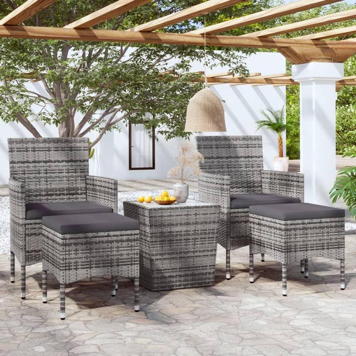 vidaXL 5-delige Bistroset poly rattan en gehard glas grijs, Tuin en Terras, Tuinsets en Loungesets, Nieuw, Verzenden