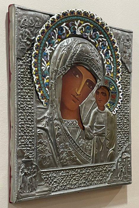 Icoon - Moeder Gods van Kazan - Verzilverd, Hout, Antiek en Kunst, Antiek | Boeken en Manuscripten
