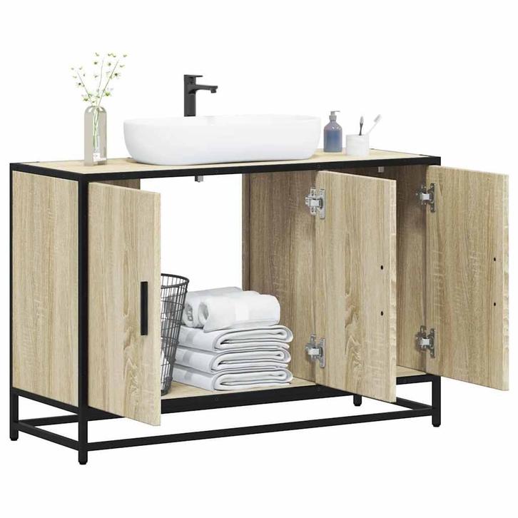vidaXL Wastafelkast Sonoma eiken 90x33x60 cm bewerkt hout, Huis en Inrichting, Badkamer | Badkamermeubels, Nieuw, Verzenden