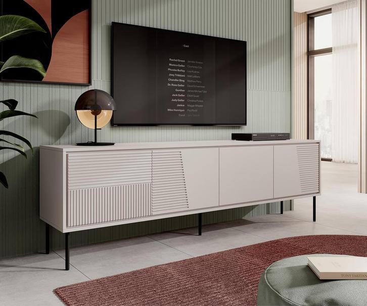 Meubella | TV-Meubel beige 200x38x62 | 4 deuren, Huis en Inrichting, Kasten |Televisiemeubels, 25 tot 50 cm, Nieuw, 200 cm of meer