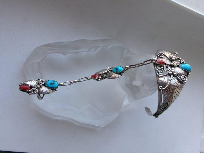 Bracelet esclave argent turquoise et corail - Navajo -, Antiek en Kunst, Kunst | Niet-Westerse kunst
