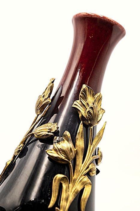Art Nouveau Enameled Claret Ceramic Vase with Filigree,, Antiek en Kunst, Antiek | Glaswerk en Kristal