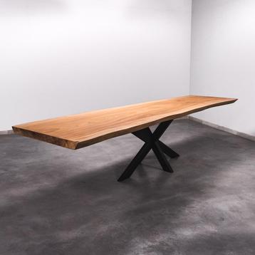 Boomstamtafel, Eettafel 340x104 massief hardhout, metaalpoot beschikbaar voor biedingen