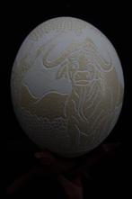 carved Ostrich Egg decorated with buffalo Taxidermie