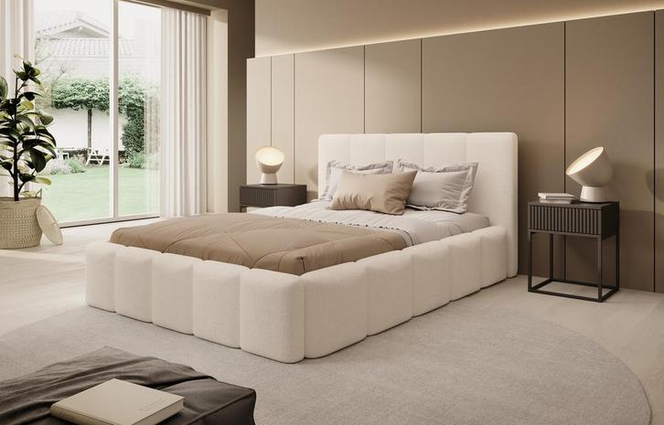 Meubella | Tweepersoonsbed 140x200 beige teddy stof, Huis en Inrichting, Slaapkamer | Bedden, Nieuw, Verzenden