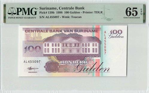 1998 Suriname P 139b 100 Gulden Pmg 65 Epq, Timbres & Monnaies, Billets de banque | Europe | Billets non-euro, Envoi