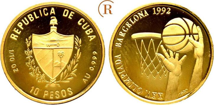 10 Pesos Olympische Spiele Basketball goud 1990 Kuba:, Postzegels en Munten, Munten en Bankbiljetten | Toebehoren, Verzenden