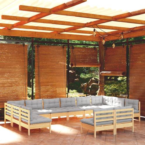 vidaXL 12-delige Loungeset met grijze kussens massief, Tuin en Terras, Tuinsets en Loungesets, Loungeset, Nieuw, Verzenden