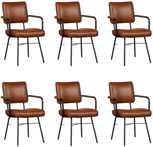 Set van 6 Cognac leren industriële design eetkamerstoelen -, Huis en Inrichting, Stoelen, Overige kleuren, Vijf, Zes of meer stoelen
