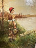 Basiers L - Jonge vrouw met waterkruik aan de vijver, rond