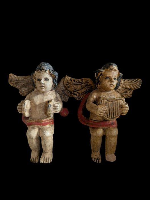 Escuela española - Snijwerk, Pareja de ángeles músicos - 18, Antiek en Kunst, Kunst | Niet-Westerse kunst