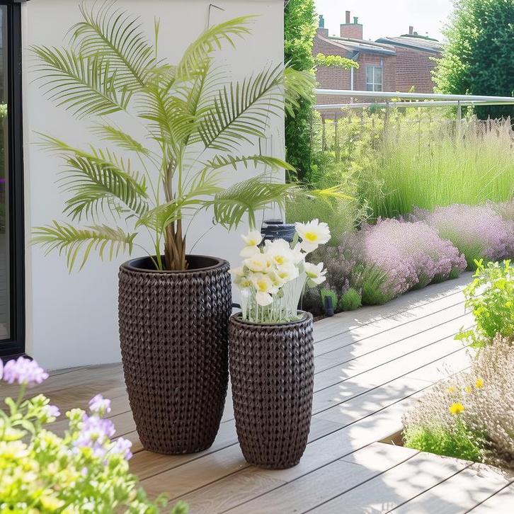 Lot de deux pots hauts en rotin synthétique - noir - S : 26, Tuin en Terras, Bloempotten, Verzenden