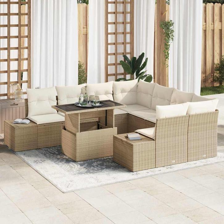 vidaXL Tuinbank Set met kussen 9 pcs Beige en Crème poly, Tuin en Terras, Tuinsets en Loungesets, Nieuw, Verzenden