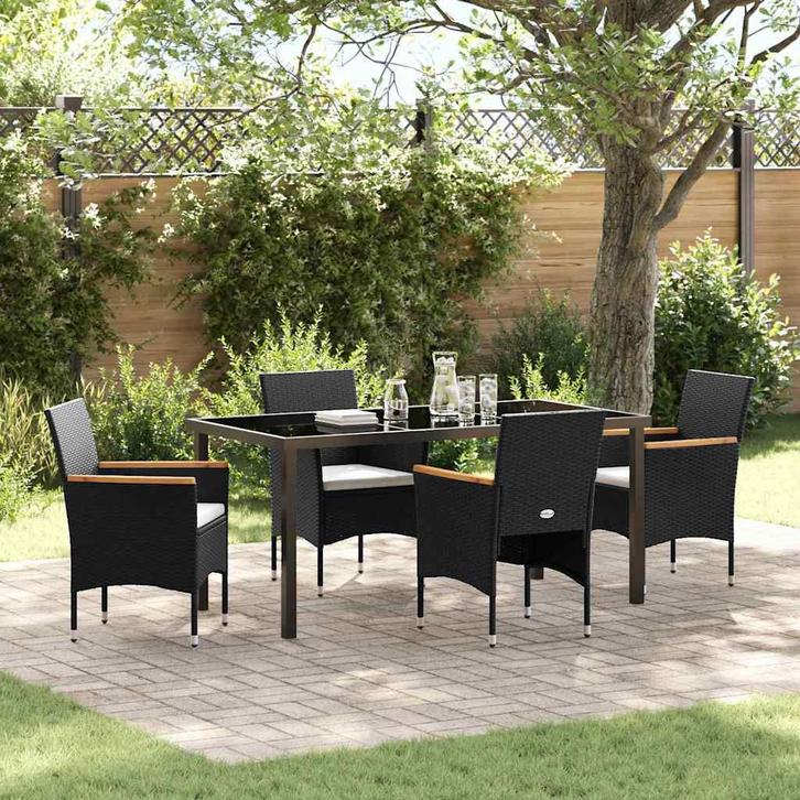 vidaXL Tuin Eettafel Set met kussen 5 pcs Zwart Poly rattan, Tuin en Terras, Tuinsets en Loungesets, Nieuw, Verzenden
