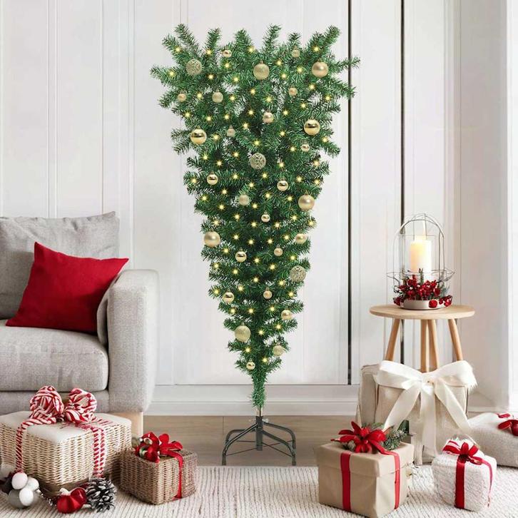 vidaXL Ondersteboven Kunst Kerstboom met Ballen Set Groen, Diversen, Kerst, Nieuw, Verzenden