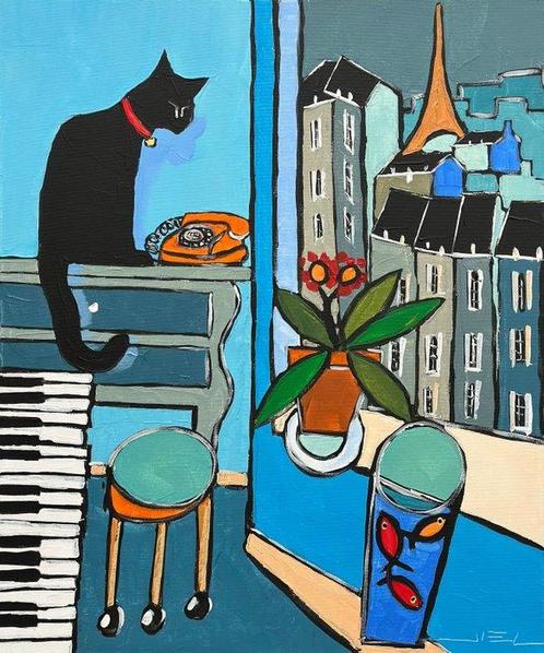 Jiel - Black cat, and Matisses goldfish with old phone and, Antiquités & Art, Art | Peinture | Moderne