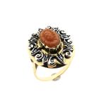 Gouden/zilveren ring met bloedkoraal, parelmoer en diaman..., 18 tot 19, Gebruikt, Overige kleuren, Ophalen of Verzenden