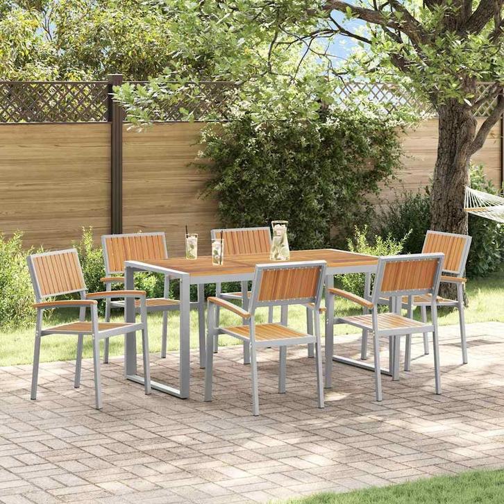 vidaXL Tuin Eettafel Set 7 pcs Grijs Massief Acacia Hout, Jardin & Terrasse, Tables de jardin, Envoi