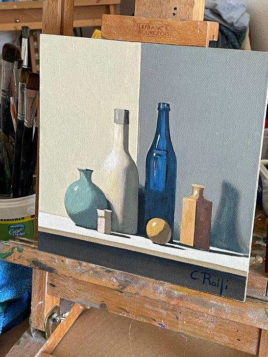 Claudio Rolfi (1960) - Composizione con bottiglia blu, Antiek en Kunst, Kunst | Schilderijen | Modern