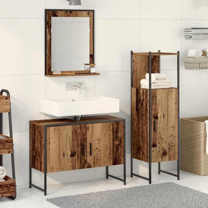 vidaXL Badkamermeubel Set met plank 3 pcs Bruin Bewerkt hout, Maison & Meubles, Salle de bain | Meubles de Salle de bain, Envoi
