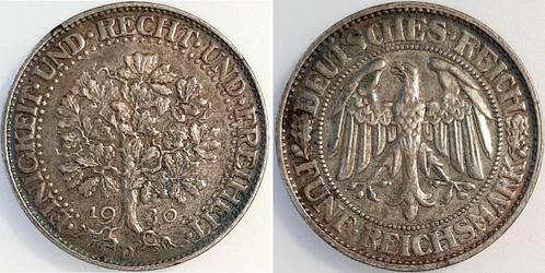 Duitsland 5 Reichsmark 1930d Eichbaum vz zilver, Timbres & Monnaies, Monnaies | Europe | Monnaies non-euro, Envoi