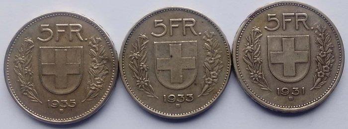 Zwitserland. 5 Francs 3x 1931, 1933, 1935 (Zonder, Postzegels en Munten, Munten | Europa | Niet-Euromunten