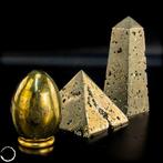 Exclusief pyriet-set – Ei/Chalkopyrit, piramide en obelisk