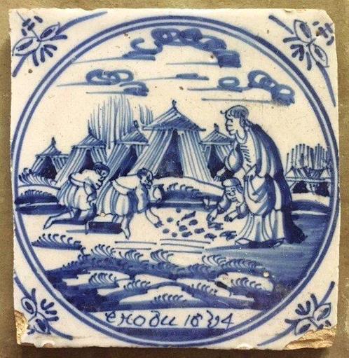 Tegel - Bijbelse Voorstelling - Exodus 16:14 - 1700-1750 -, Antiek en Kunst, Antiek | Glaswerk en Kristal
