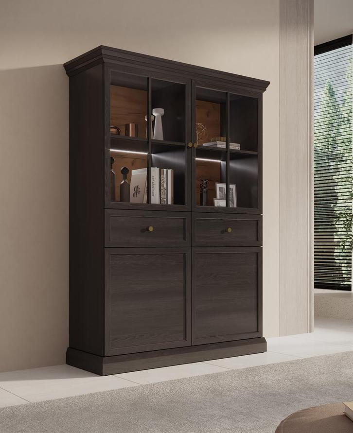 Meubella | Vitrinekast zwart eiken glazen opbergkast 114cm, Huis en Inrichting, Kasten | Vitrinekasten, 25 tot 50 cm, Nieuw, 100 tot 150 cm