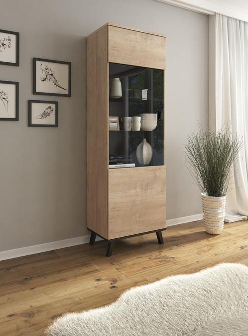 Vitrinekast - Eiken - Zwart 61x40x191 - Industrieel met glas, Huis en Inrichting, Kasten | Vitrinekasten, 25 tot 50 cm, Nieuw