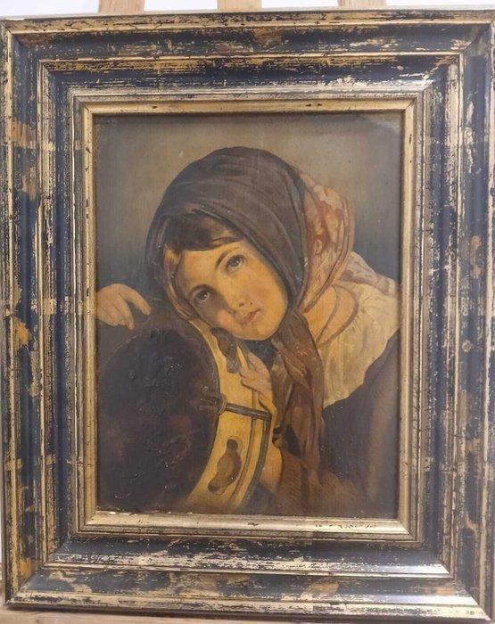 Europese school (XIX) - NO RESERVE - Niña con Pandereta, Antiek en Kunst, Kunst | Schilderijen | Klassiek