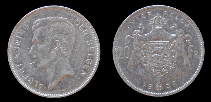 Belgium Albert I 20 frank (4belga) 1932vl-pos B nickel, Postzegels en Munten, Munten | Europa | Niet-Euromunten, België, Verzenden