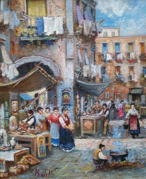Salvatore Montella (1949) - Scena popolare (Napoli), Antiek en Kunst, Kunst | Schilderijen | Klassiek