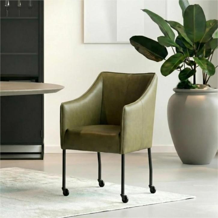 OUTLET Leren eetkamerstoel Happy - met wieltjes en, Huis en Inrichting, Stoelen, Nieuw, Leer, Ophalen of Verzenden