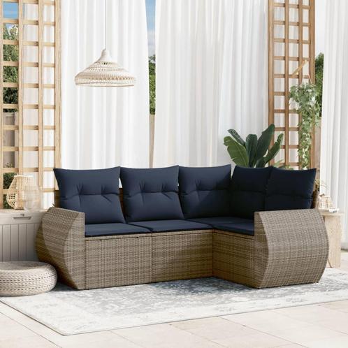 vidaXL 4-delige tuinbankset met kussens, grijs polyrotan, Tuin en Terras, Tuinsets en Loungesets, Nieuw, Verzenden