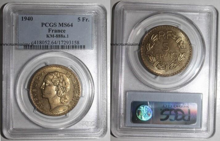 France Frankreich Km 888 5 Francs 1940 Typ Lavrillier Pcg..., Postzegels en Munten, Munten | Europa | Niet-Euromunten, België